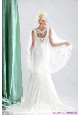 2015 Luxurious V Neck Wedding Dress with Lace and Appliques