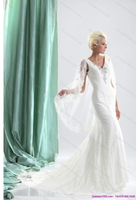 2015 Luxurious V Neck Wedding Dress with Lace and Appliques