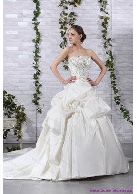 2015 New Style Strapless Beading Wedding Dress with Brush Train