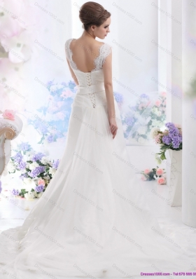 2015 Top Selling A Line Wedding Dress with Lace and Hand Made Flowers