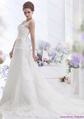 2015 Top Selling A Line Wedding Dress with Lace and Hand Made Flowers