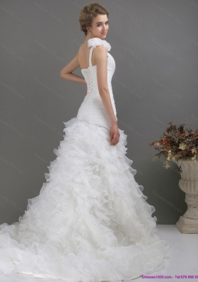 2015 Top Selling One Shoulder Wedding Dress with Ruching and Hand Made Flowers