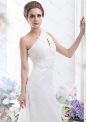 2015 Top Selling One Shoulder Wedding Dress with Ruching and Hand Made Flowers