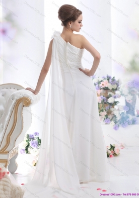 2015 Top Selling One Shoulder Wedding Dress with Ruching and Hand Made Flowers