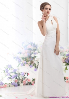 2015 Top Selling One Shoulder Wedding Dress with Ruching and Hand Made Flowers