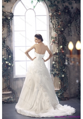 2015 Top Selling White Sweetheart Ruching Wedding Dresses with Brush Train