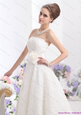 Brand New Strapless Ankle-length Wedding Dress with Hand Made Flowers