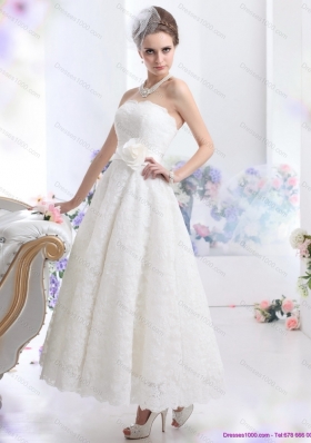 Brand New Strapless Ankle-length Wedding Dress with Hand Made Flowers