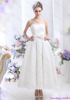 Brand New Strapless Ankle-length Wedding Dress with Hand Made Flowers