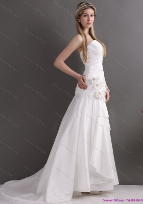 Cheap White Brush Train Sweetheart Ruching Wedding Dresses with Hand Made Flowers