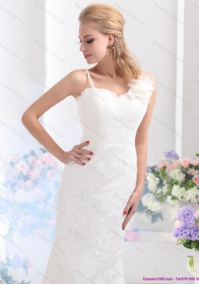 Discount White Column Lace Wedding Dresses with Brush Train and Hand Made Flower