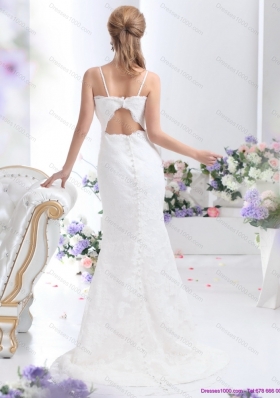 Discount White Column Lace Wedding Dresses with Brush Train and Hand Made Flower