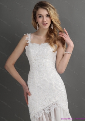 Laced White One Shoulder Wedding Gowns with Chapel Train