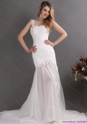 Laced White One Shoulder Wedding Gowns with Chapel Train