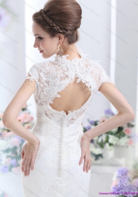 Popular White V Neck Lace 2015 Bridal Gown with Brush Train