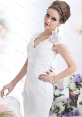 Popular White V Neck Lace 2015 Bridal Gown with Brush Train