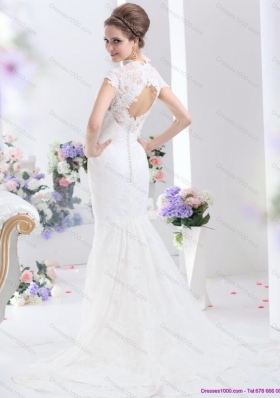 Popular White V Neck Lace 2015 Bridal Gown with Brush Train