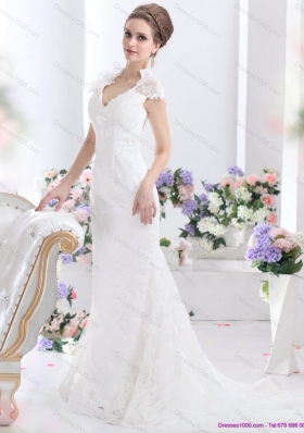 Popular White V Neck Lace 2015 Bridal Gown with Brush Train