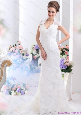Popular White V Neck Lace 2015 Bridal Gown with Brush Train