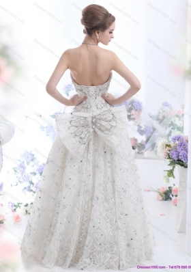 Pretty Strapless Bownot White Wedding Dresses with Rhinestones