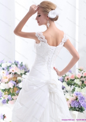 Ruffled White Wedding Dresses with Brush Train and Hand Made Flower