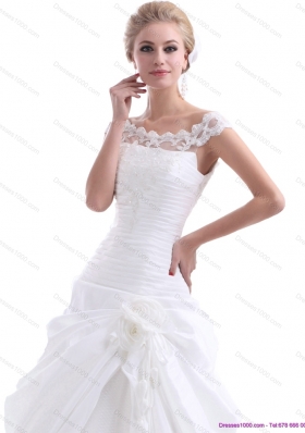 Ruffled White Wedding Dresses with Brush Train and Hand Made Flower