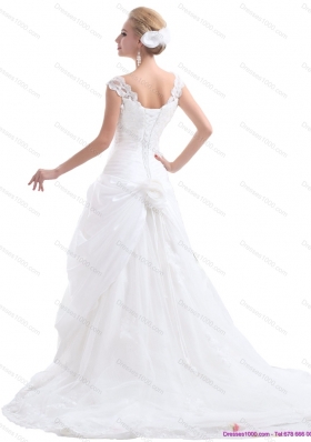 Ruffled White Wedding Dresses with Brush Train and Hand Made Flower