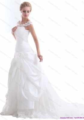 Ruffled White Wedding Dresses with Brush Train and Hand Made Flower