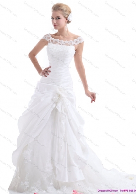Ruffled White Wedding Dresses with Brush Train and Hand Made Flower