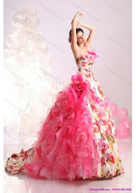 Ruffles Multi Color Bridal Gown with Brush Train and Hand Made Flowers