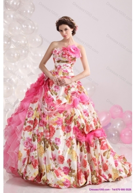 Ruffles Multi Color Bridal Gown with Brush Train and Hand Made Flowers