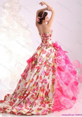 Ruffles Multi Color Bridal Gown with Brush Train and Hand Made Flowers