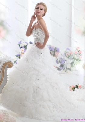 Top Selling Beading Sweetheart White Bridal Gown with Ruffles and Brush Train