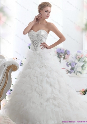 Top Selling Beading Sweetheart White Bridal Gown with Ruffles and Brush Train