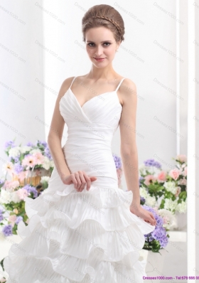 Top Selling Ruching White Wedding Dresses with Ruffled Layers and Brush Train