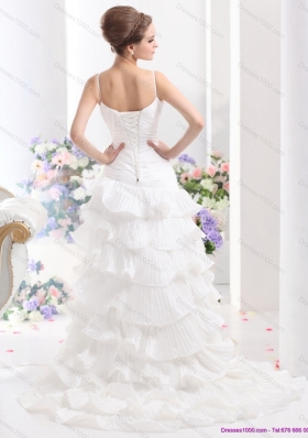 Top Selling Ruching White Wedding Dresses with Ruffled Layers and Brush Train