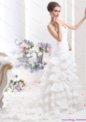 Top Selling Ruching White Wedding Dresses with Ruffled Layers and Brush Train