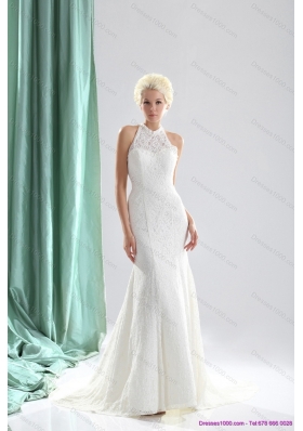 Unique White High Neck Lace Bridal Dresses with  Brush Train