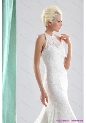 Unique White High Neck Lace Bridal Dresses with  Brush Train