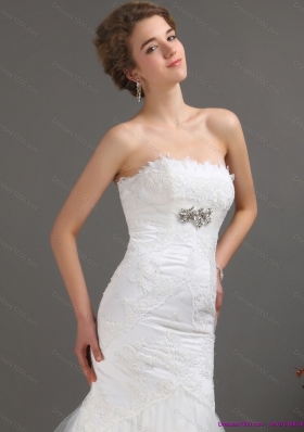White Strapless Lace Wedding Dresses with Beading and Brush Train