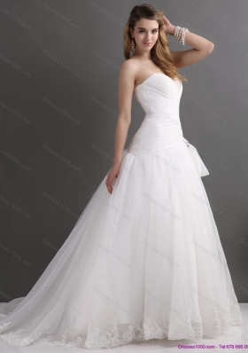 White Sweetheart Lace and Ruching Bridal Gowns with Brush Train