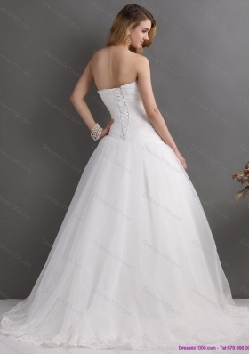 White Sweetheart Lace and Ruching Bridal Gowns with Brush Train