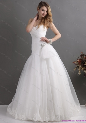 White Sweetheart Lace and Ruching Bridal Gowns with Brush Train