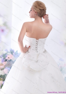 White Sweetheart Rhinestones Wedding Dresses with Brush Train