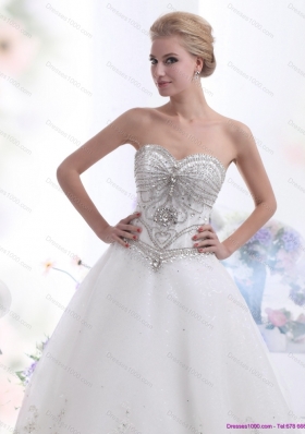 White Sweetheart Rhinestones Wedding Dresses with Brush Train