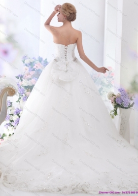 White Sweetheart Rhinestones Wedding Dresses with Brush Train