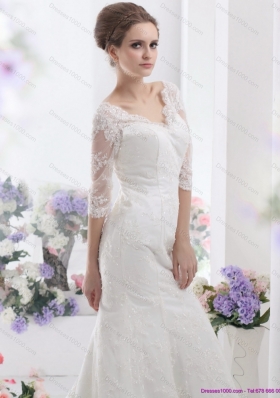 White V Neck Lace Wedding Dresses with  Brush Train and Half Sleeves