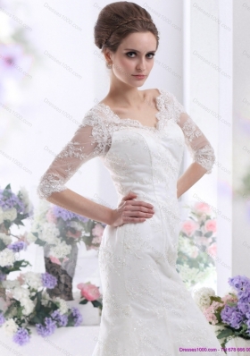 White V Neck Lace Wedding Dresses with  Brush Train and Half Sleeves