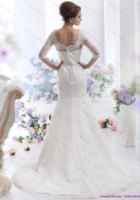 White V Neck Lace Wedding Dresses with  Brush Train and Half Sleeves