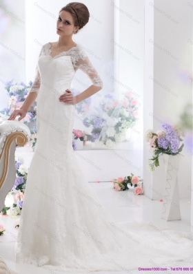 White V Neck Lace Wedding Dresses with  Brush Train and Half Sleeves